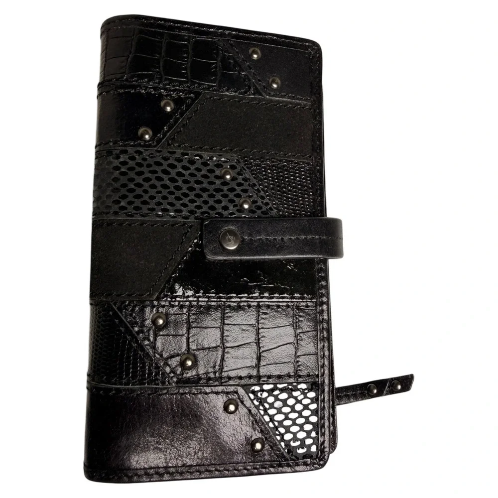 Fossil Patchwork Studded‎ Leather Wallet Clutch Black Snap Closure Zip Pocket